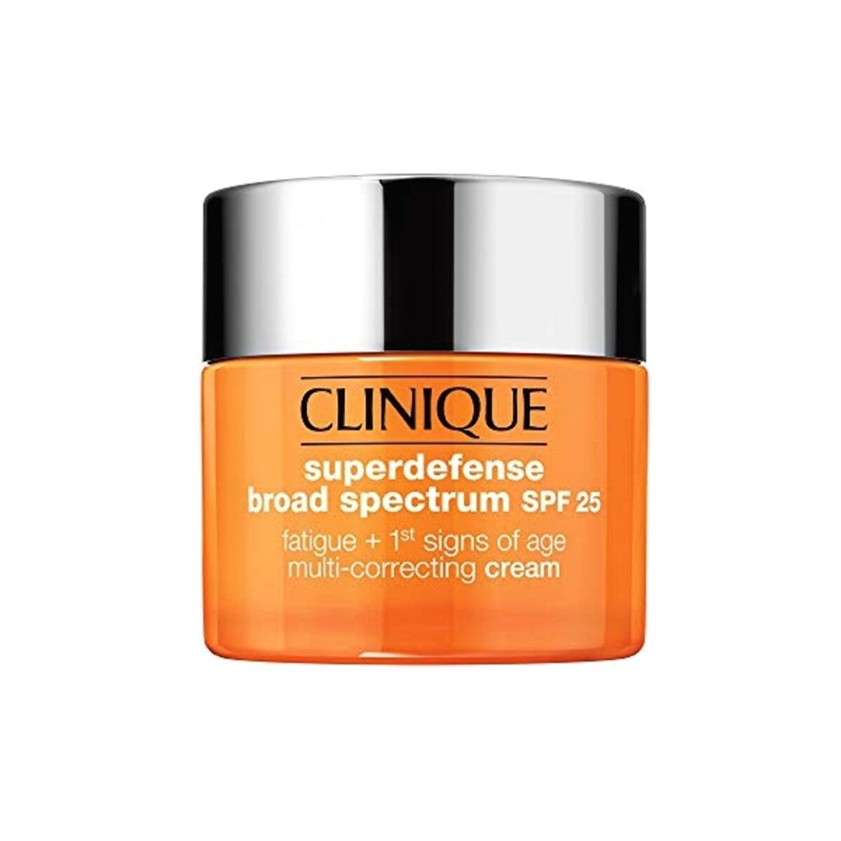 Crème superdefense Clinique SPF 25 en pot orange, lutte contre la fatigue et les premiers signes de l'âge.
