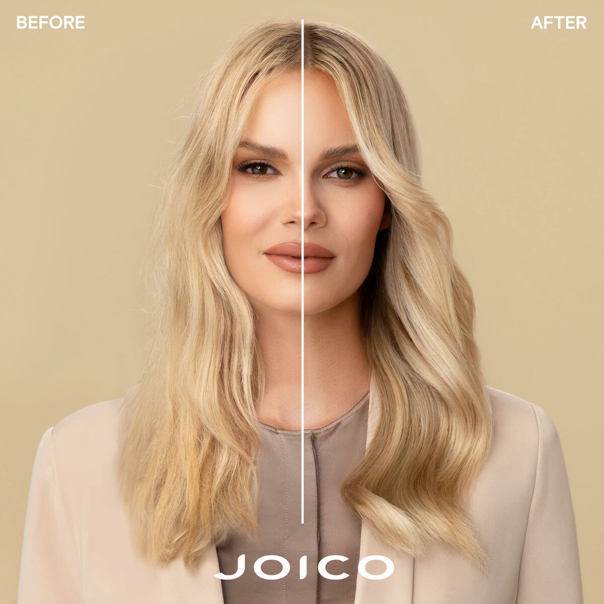 Transformation showing before and after results of Joico Blonde Life conditioner on blonde hair.