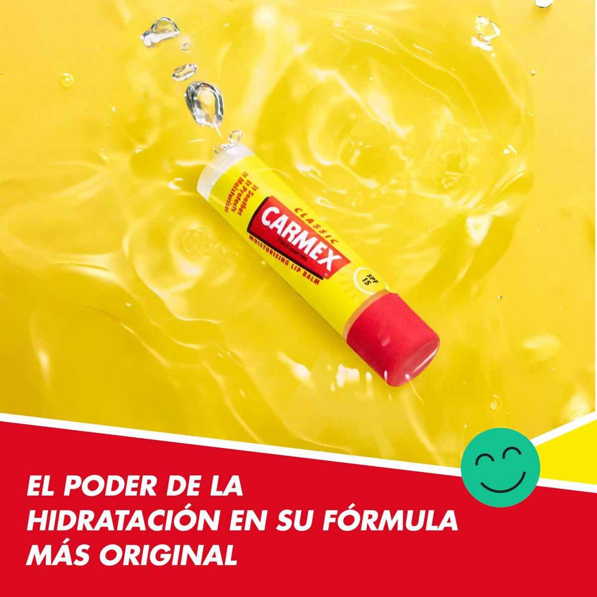 Baume à lèvres hydratant Carmex Classic Jaune Noir Stick avec SPF 15, sur fond jaune, illustrant l'hydratation.