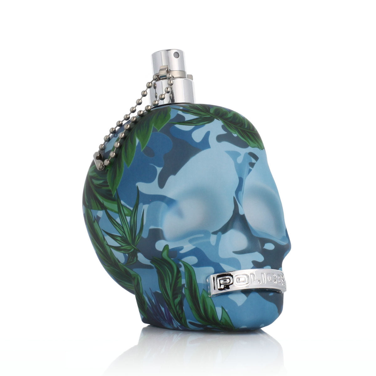 Flacon de parfum homme Police 191028 EDT en forme de crâne avec motifs de feuilles tropicales.