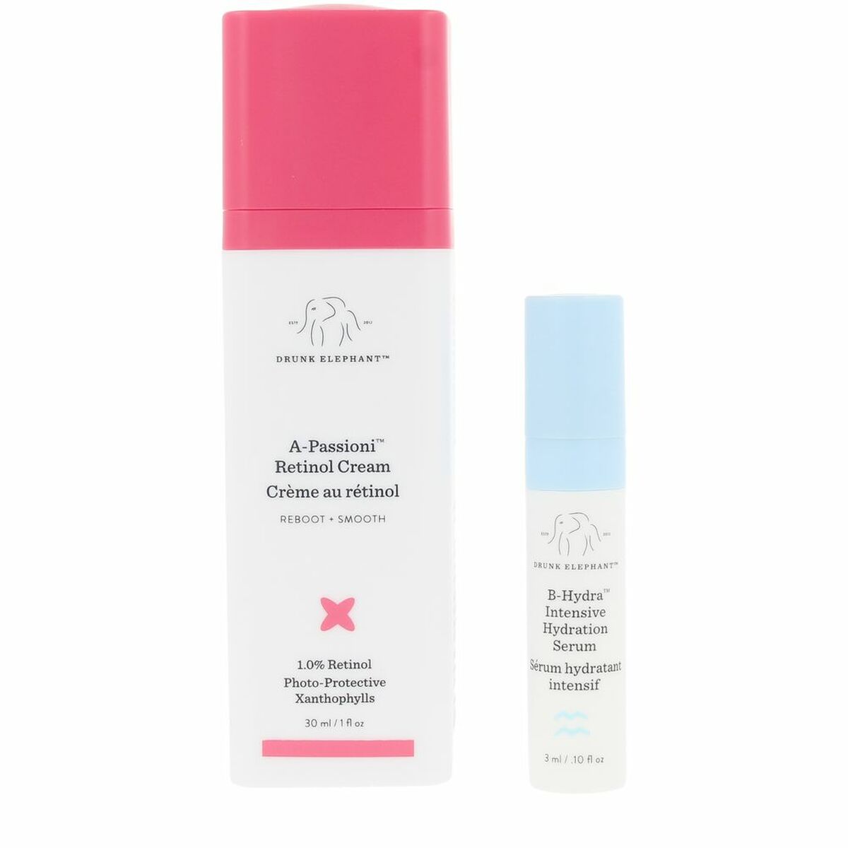 Drunk Elephant A-PASSIONI Retinol Cream 30ml and B-Hydra Serum, quality skincare for radiant beauty.