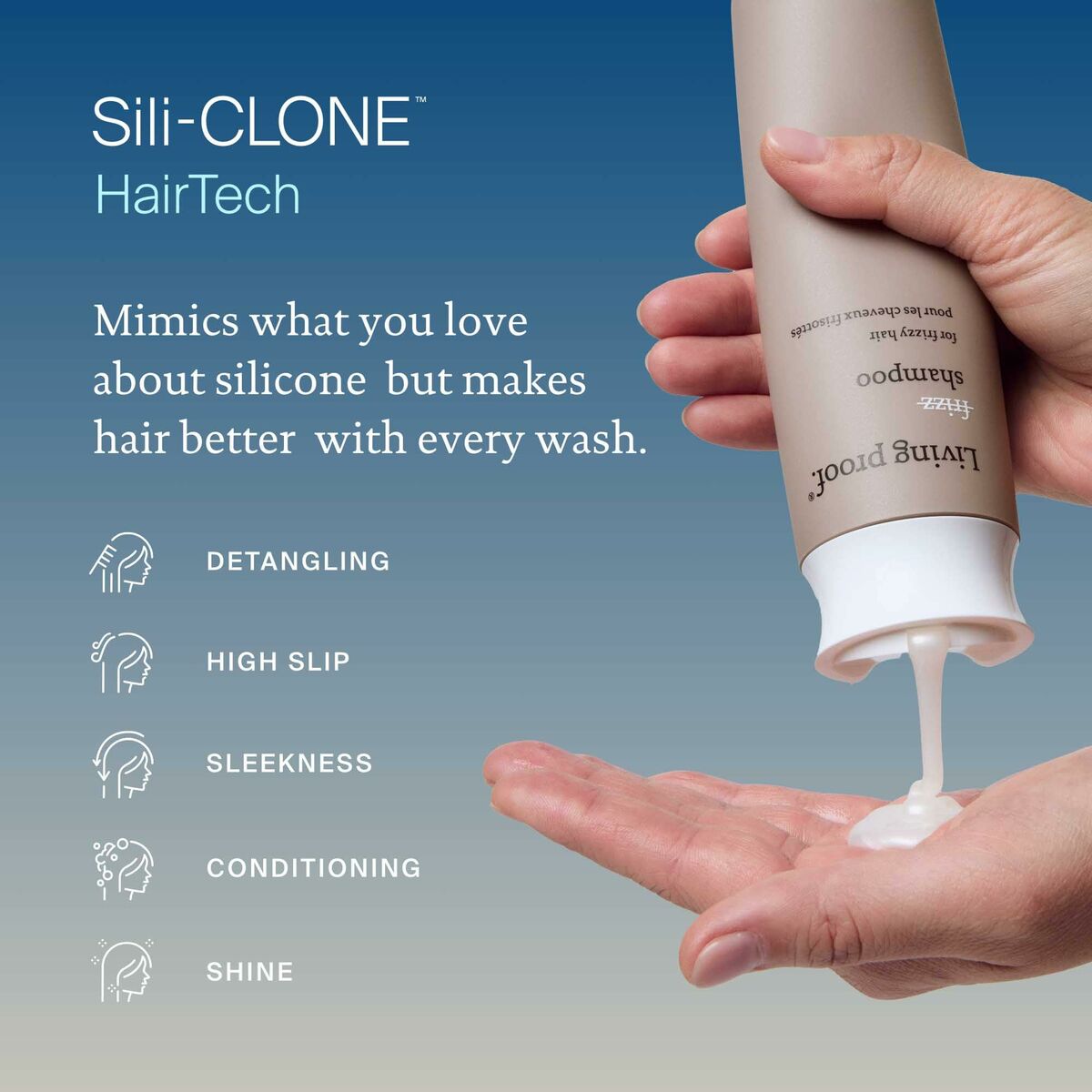 Sili-CLONE HairTech shampoo demonstrating detangling, conditioning, and shine benefits, showcasing product texture.