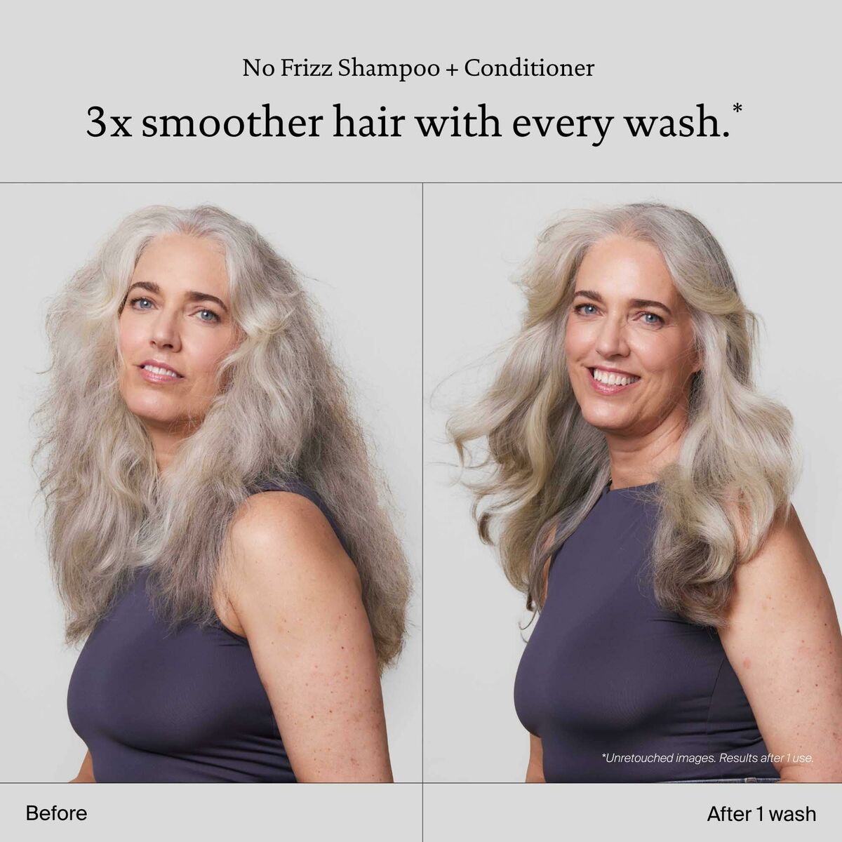 Before and after using No Frizz Shampoo and Conditioner, showing 3x smoother hair results after one wash.