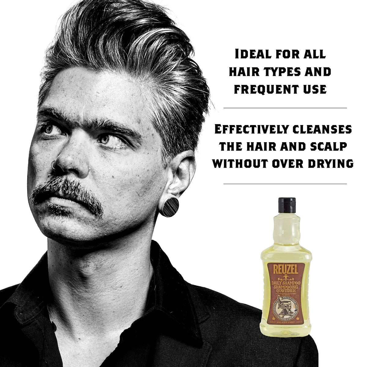 Reuzel Shampoo for all hair types, cleanses without drying, ideal for daily use in 1L bottle.
