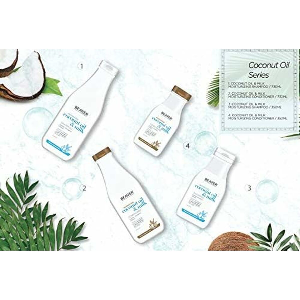 Beaver Coconut Oil product range featuring conditioner, shampoo, and treatments for healthy hair.