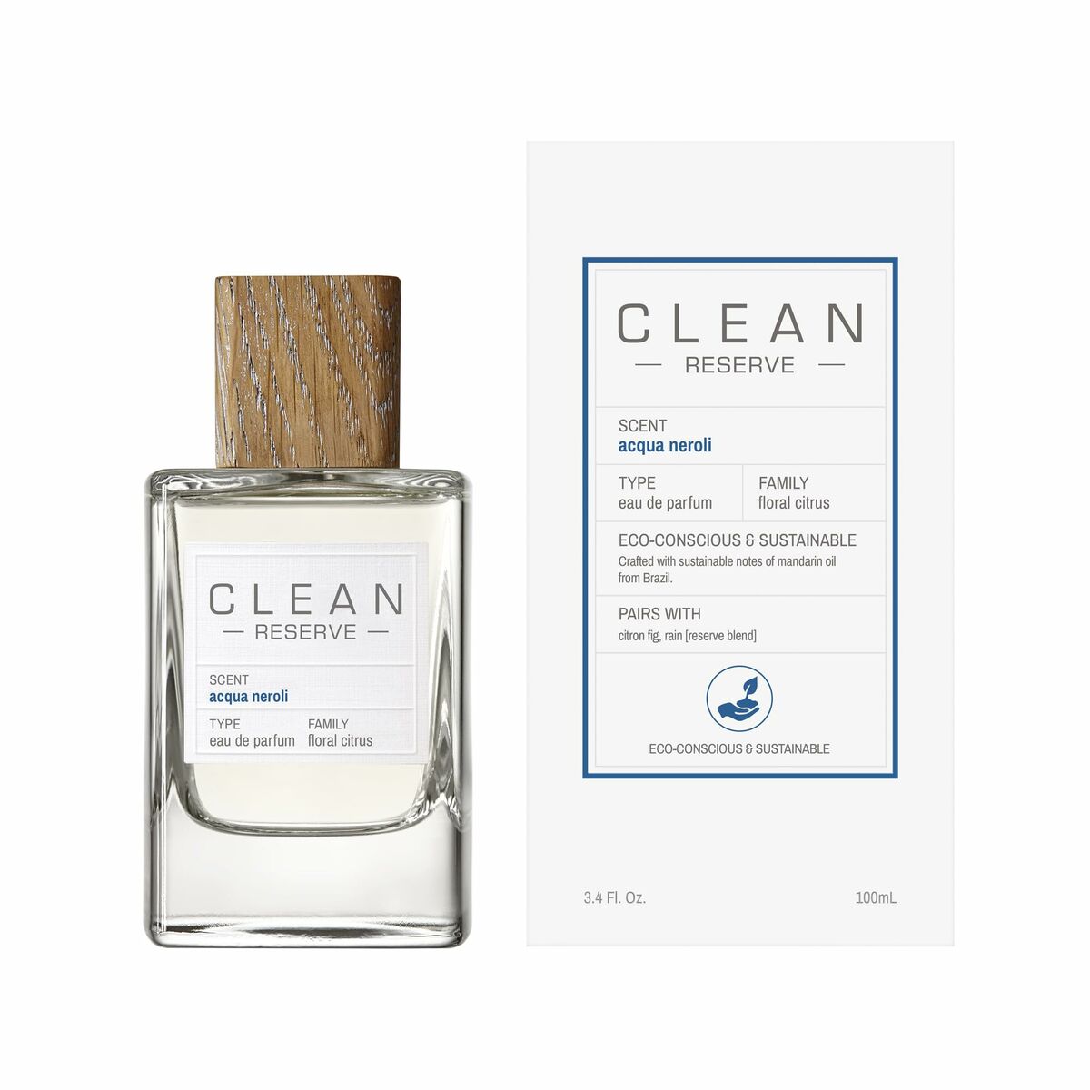 Bouteille d'eau de parfum CLEAN RESERVE Acqua Neroli avec étiquette, fragrance florale citrus, 100 ml.