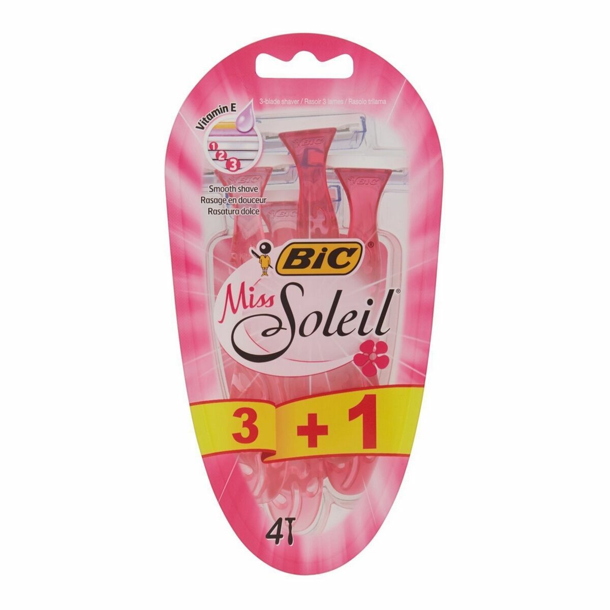 Rasoirs Bic Miss Soleil pour femmes, 4 unités, design exfoliant pour un rasage doux et précis.