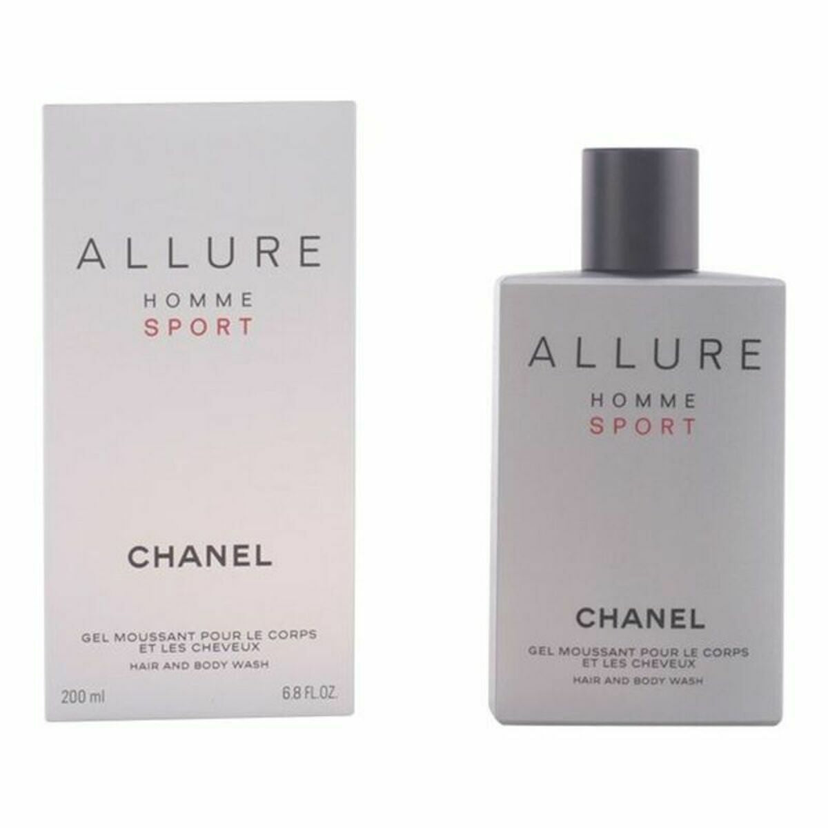 Gel de douche Chanel Allure Homme Sport 200 ml, soin du corps et cheveux, packaging moderne, produit de luxe pour hommes.