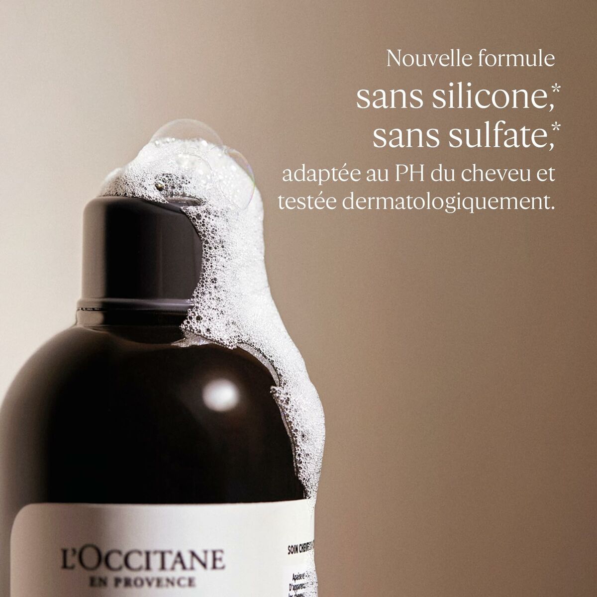 L'Occitane En Provence shampoo with new formula, silicone-free, sulfate-free, and pH balanced for hair care.