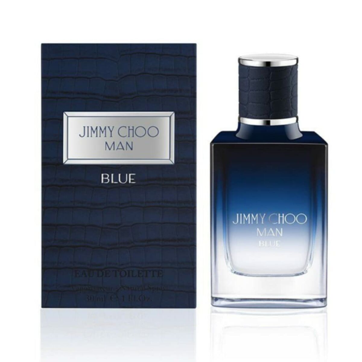 Parfum Homme Jimmy Choo Blue EDT 30 ml avec bouteille élégante et emballage en croco, fragrance authentique pour homme.