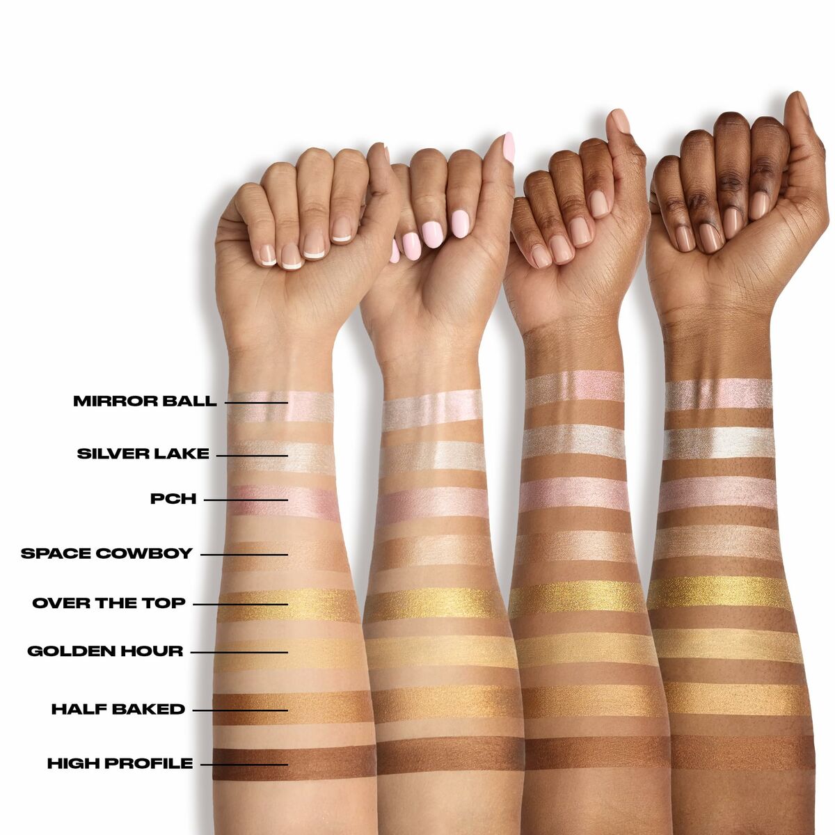 Swatches of Urban Decay Bond Highlighter shades on different skin tones, showcasing Mirror Ball, Silver Lake, and more.