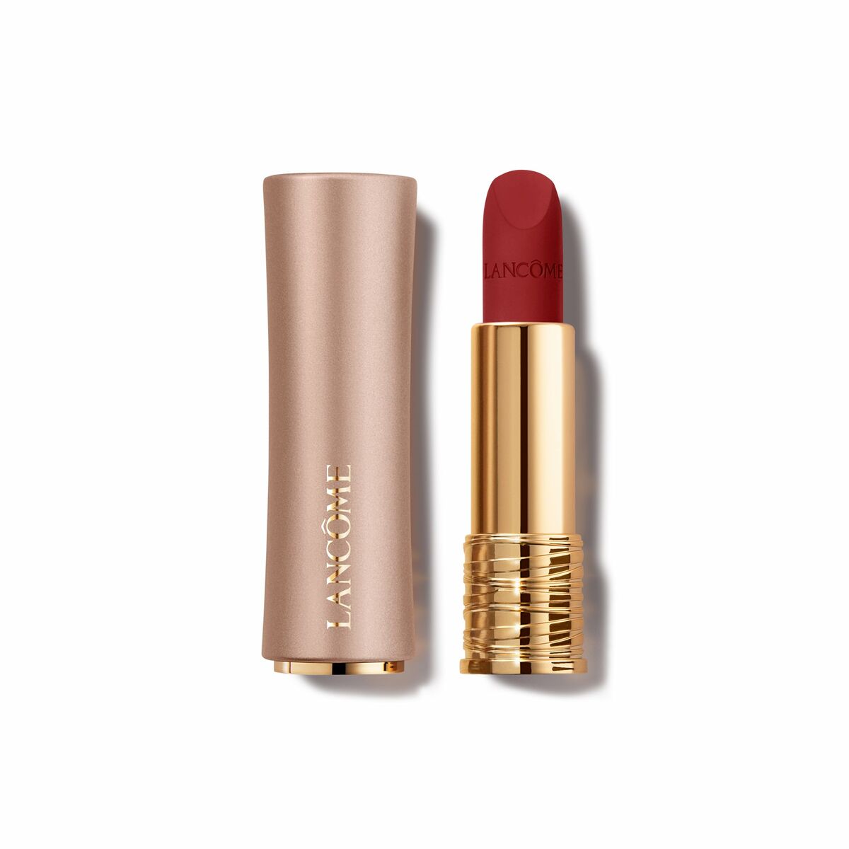 Rouge à lèvres Lancôme Absolu Rouge Nº 889, stick avec un fini rouge, emballage élégant en or et beige.