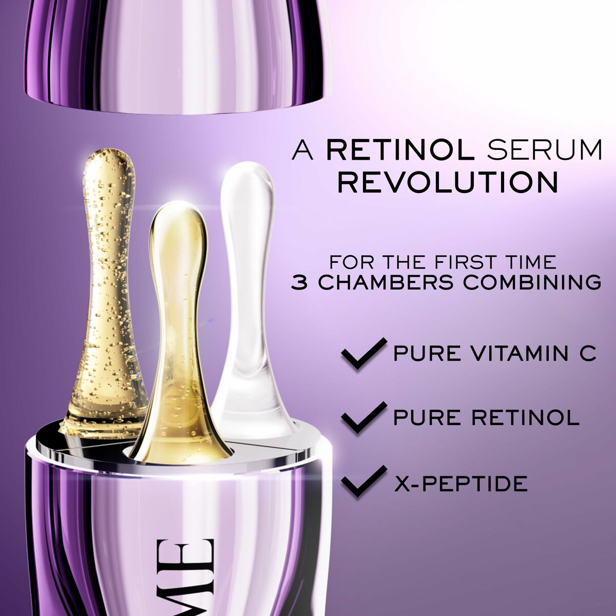 Lancôme retinol serum showcasing three chambers: pure vitamin C, pure retinol, and X-peptide for skincare innovation.