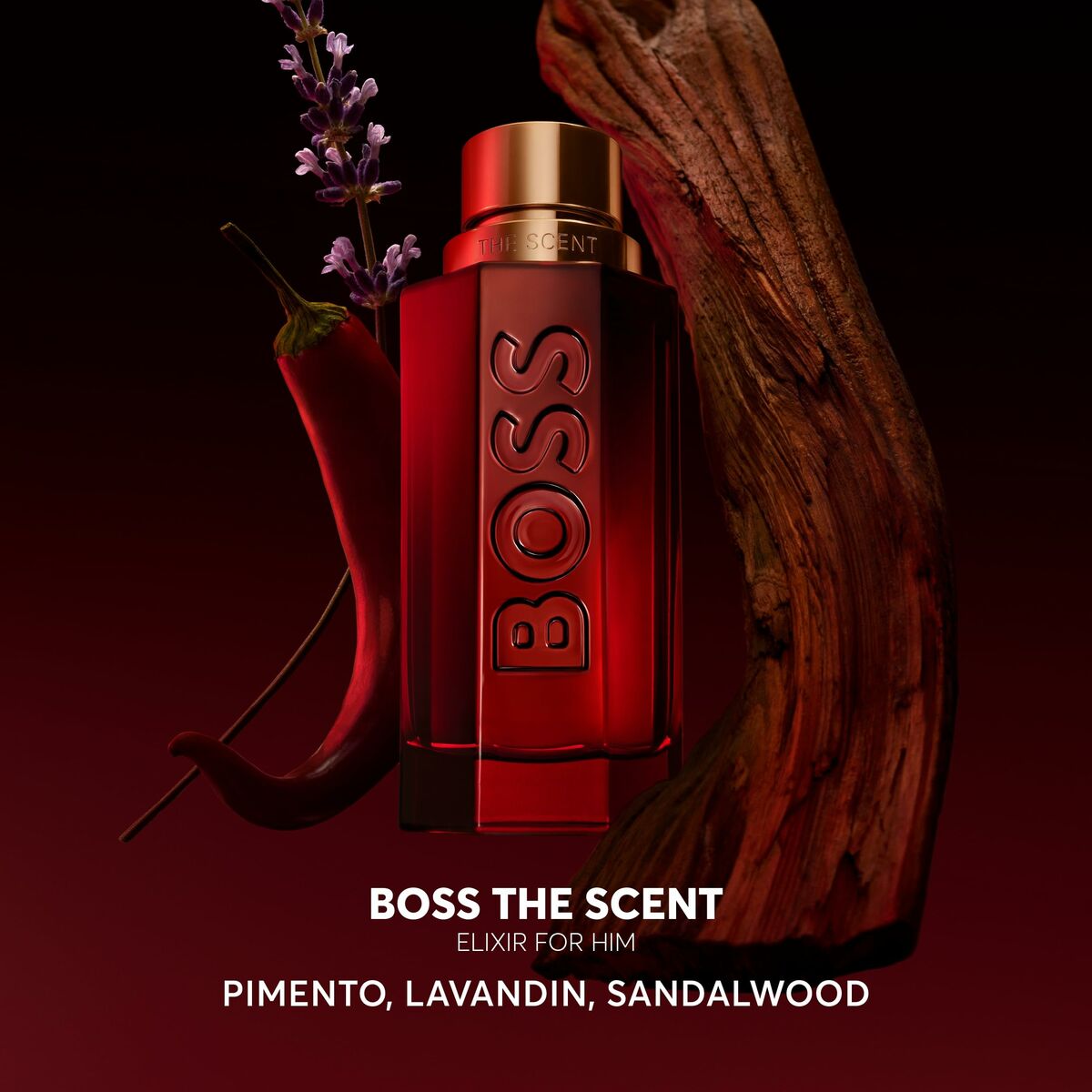 BOSS The Scent perfume for men, featuring pimento, lavandin, and sandalwood, in a striking red bottle.