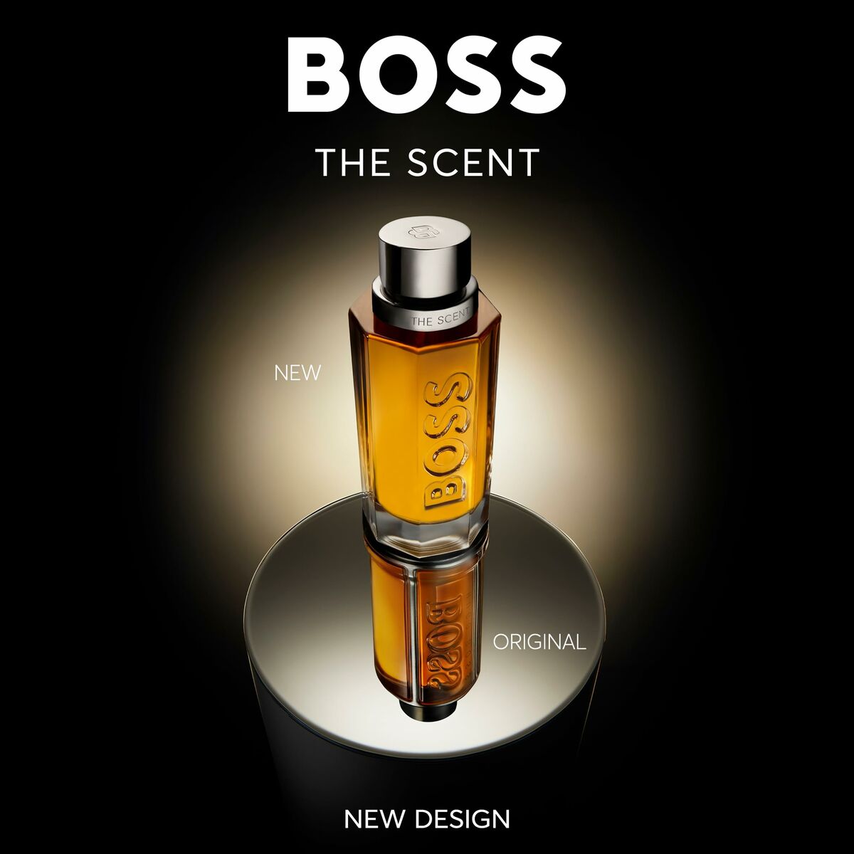 BOSS THE SCENT 200 ml perfume bottle showcasing new design and packaging on a reflective surface.