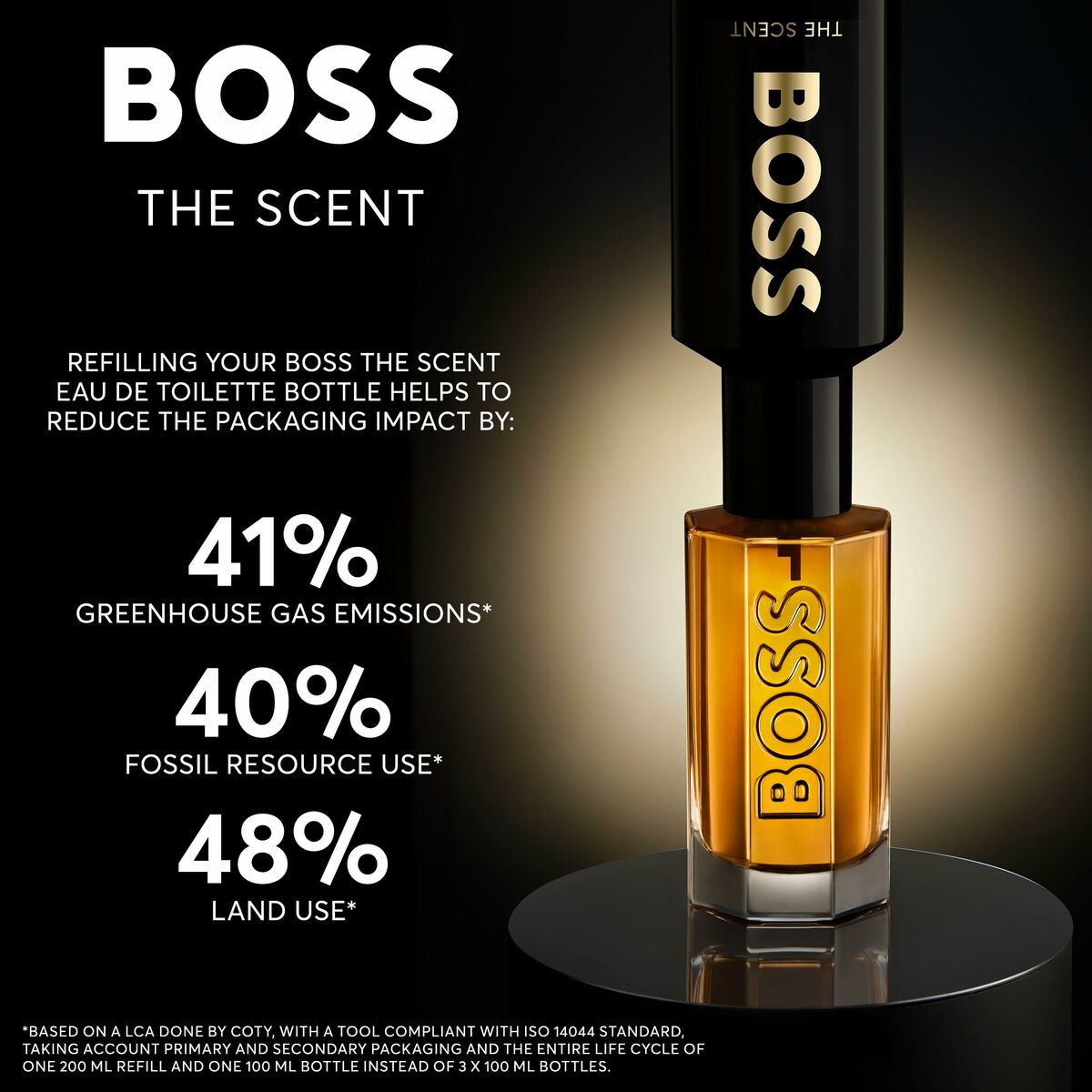 BOSS The Scent Eau de Toilette bottle promoting sustainability and reduced environmental impact.