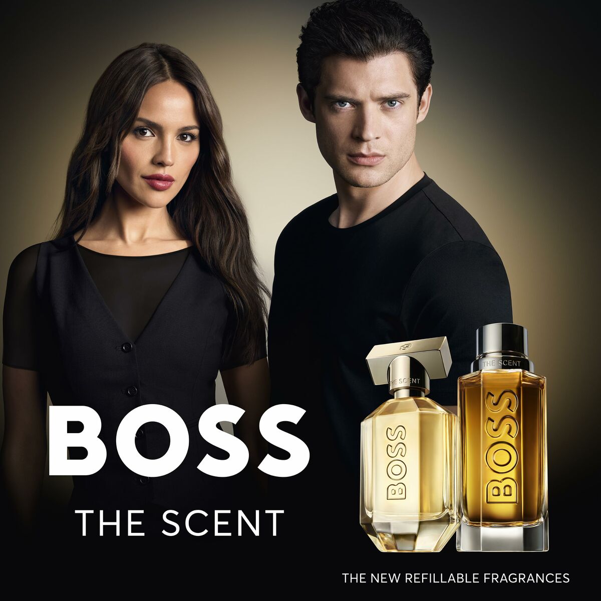 Promo image of Hugo Boss THE SCENT perfume with models showcasing the refillable bottles.