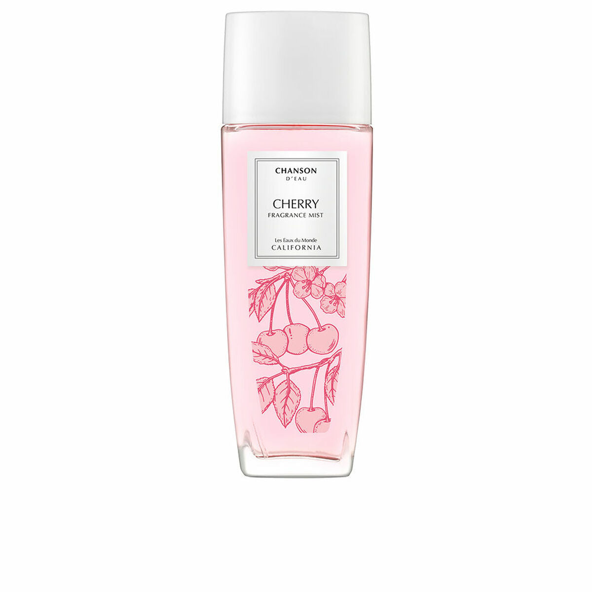 Bottle of Chanson Cherry Fragrance Mist with a pink liquid and cherry illustrations.