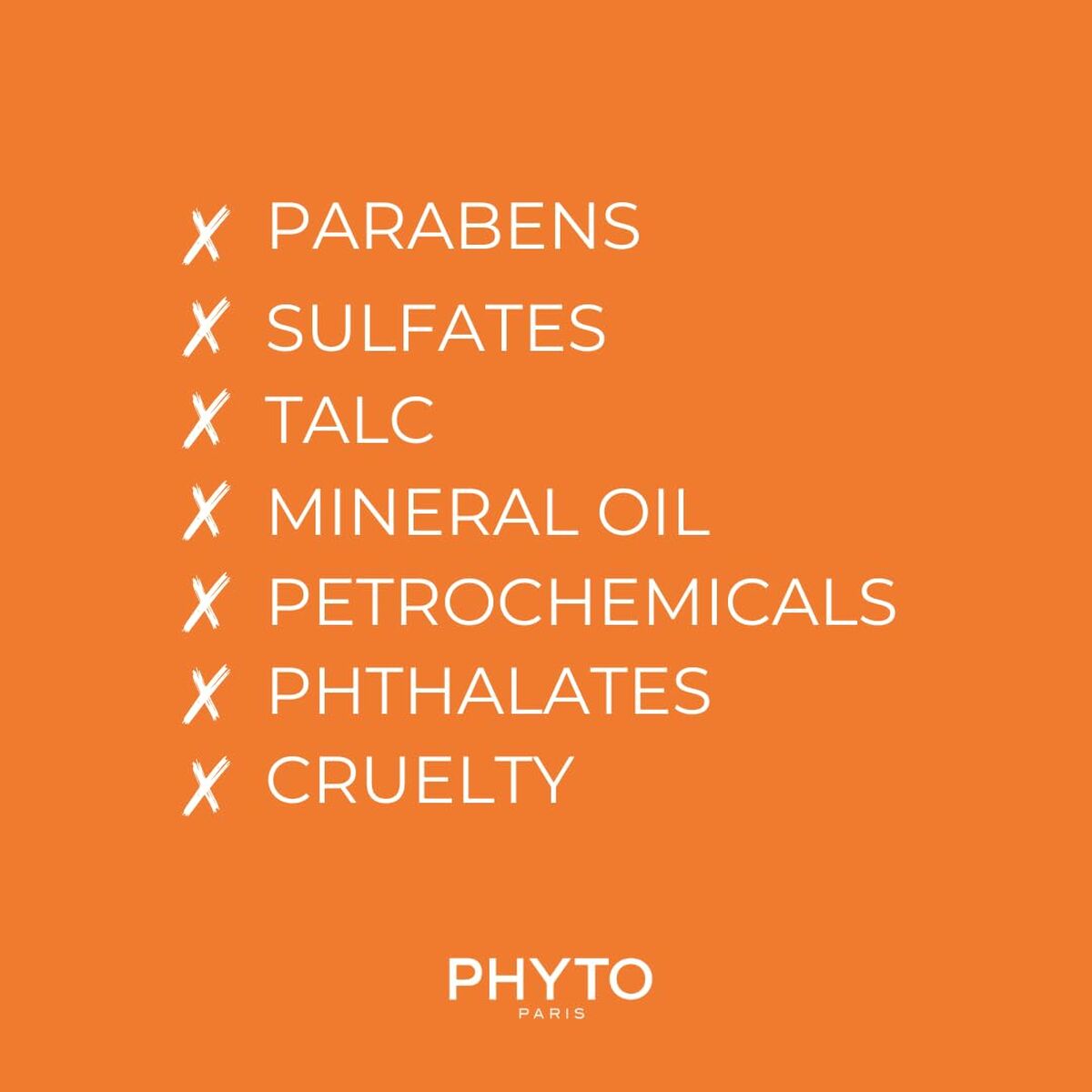 Image showing Phyto Paris product labels indicating no parabens, sulfates, talc, mineral oil, petrochemicals, phthalates, and cruelty.