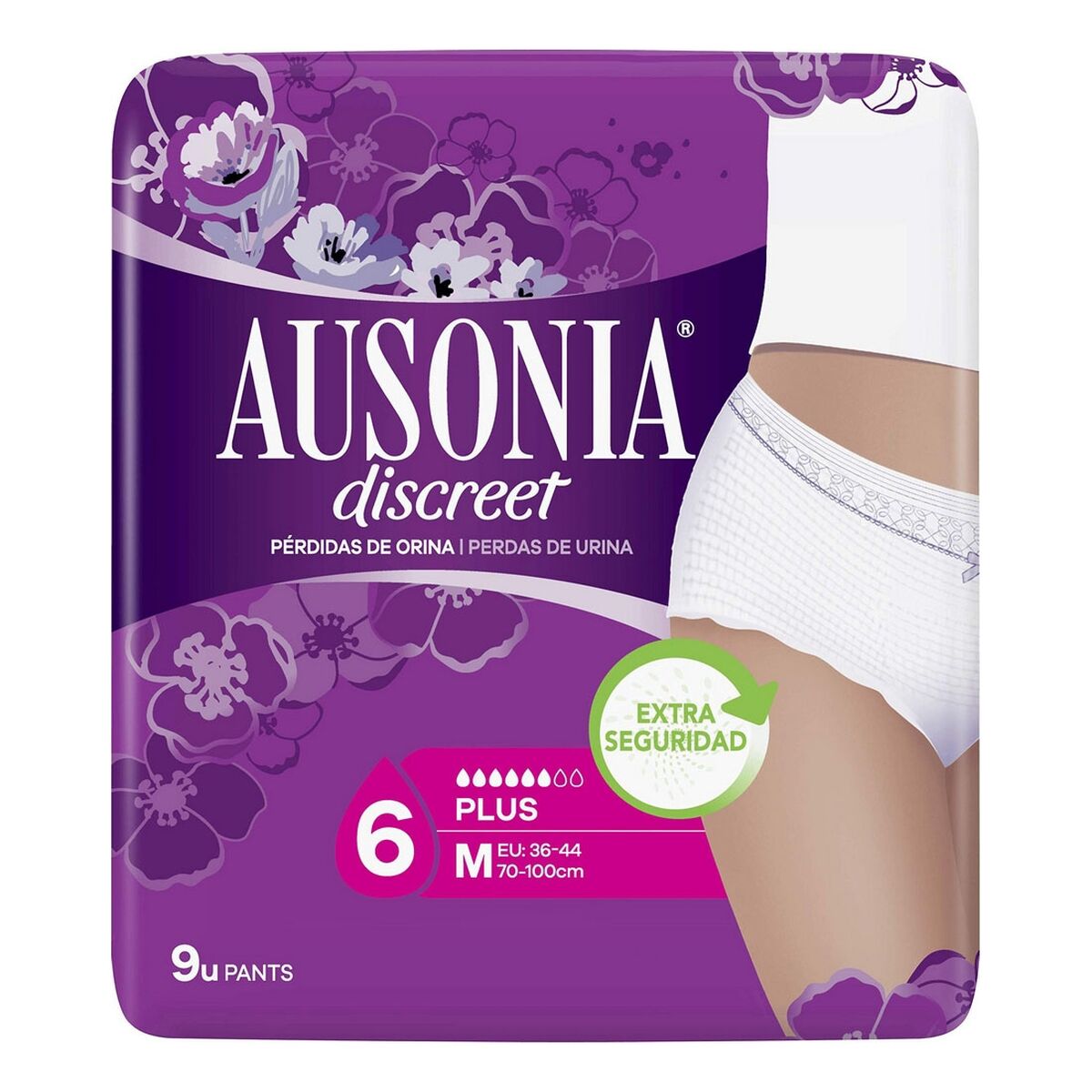 Compresses pour incontinence Ausonia Discreet Boutique Moyen, 9 unités, design discret et confort optimal.