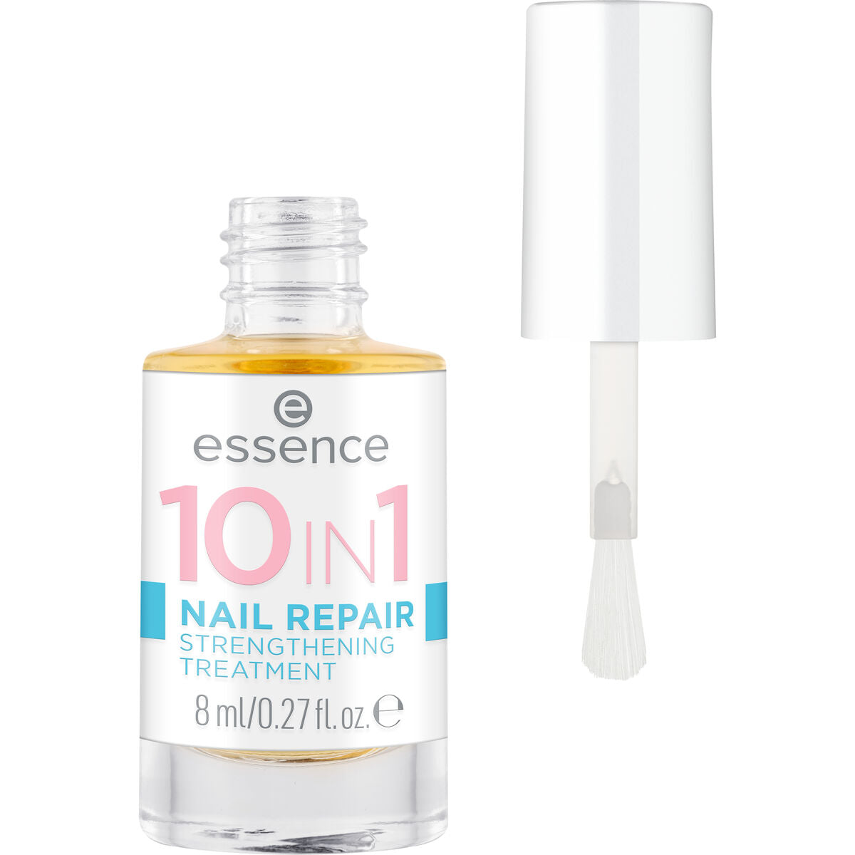 Essence 10 in 1 Nail Repair strengthening treatment, 8ml bottle with brush cap for healthy nails.