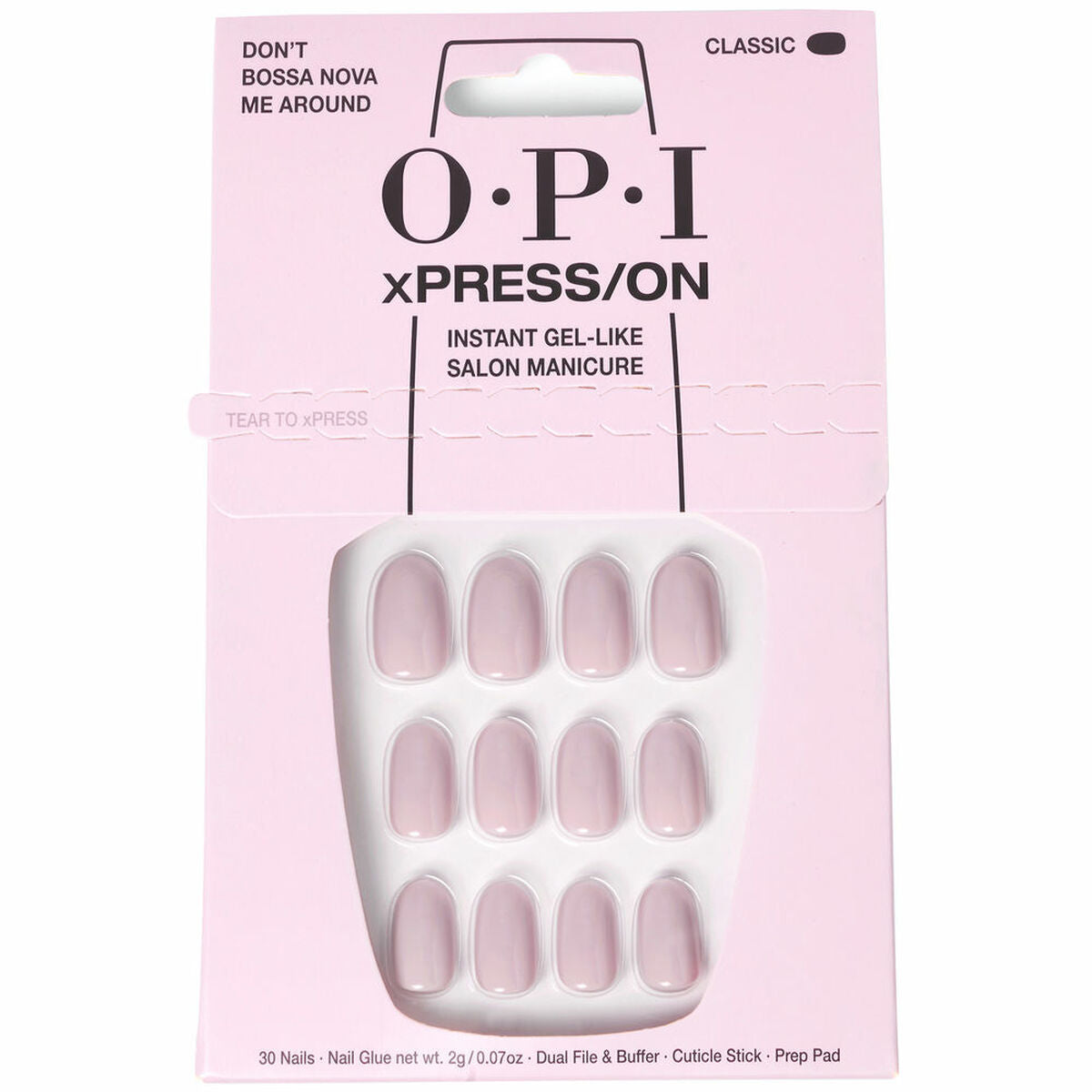 Opi xPRESS/ON Don’t Bossa Nova Me Around, 30 faux ongles pour une manucure gel instantanée sur fond rose.