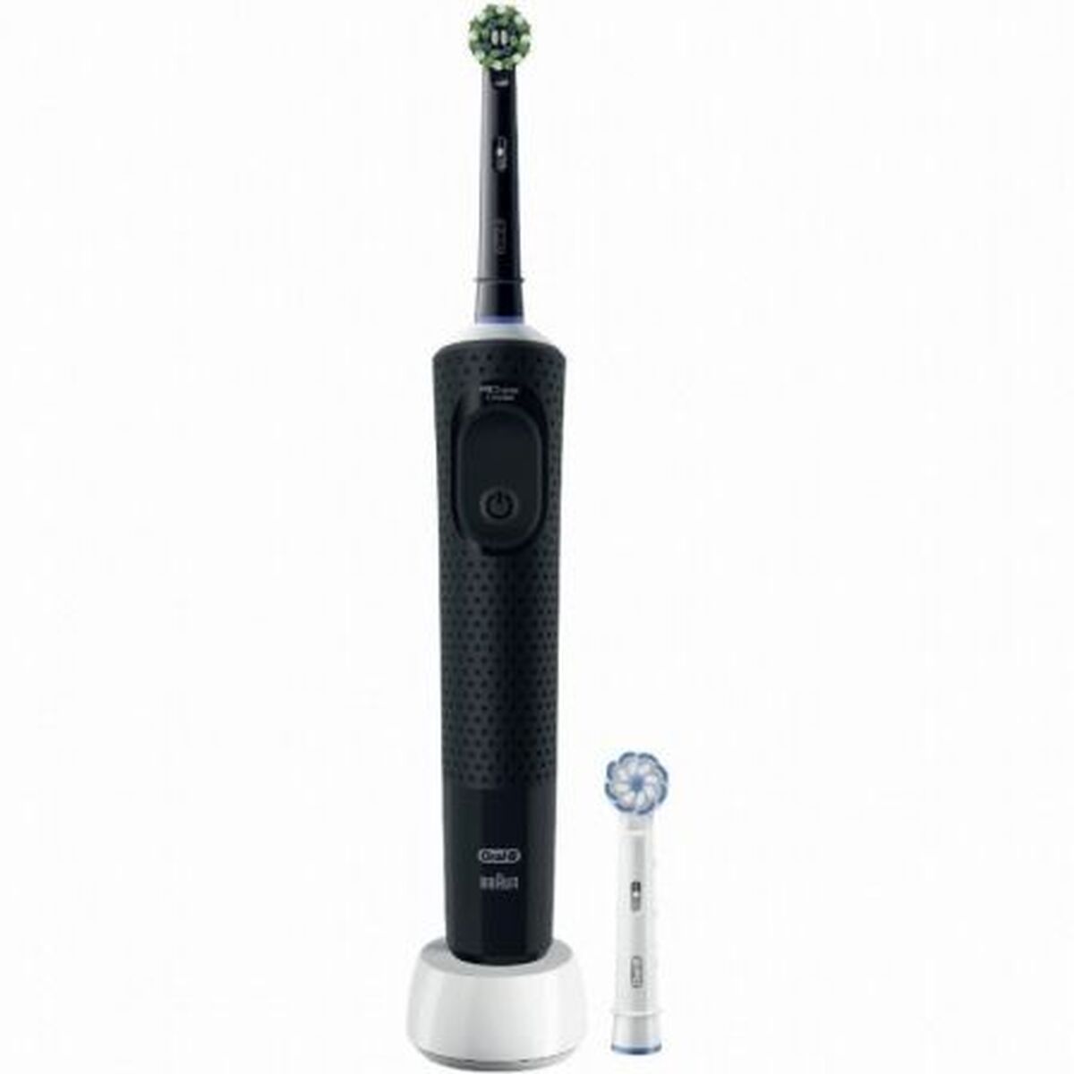 Brosse à dents électrique Braun Vitality PRO noire avec tête de rechange, design ergonomique pour un nettoyage efficace.