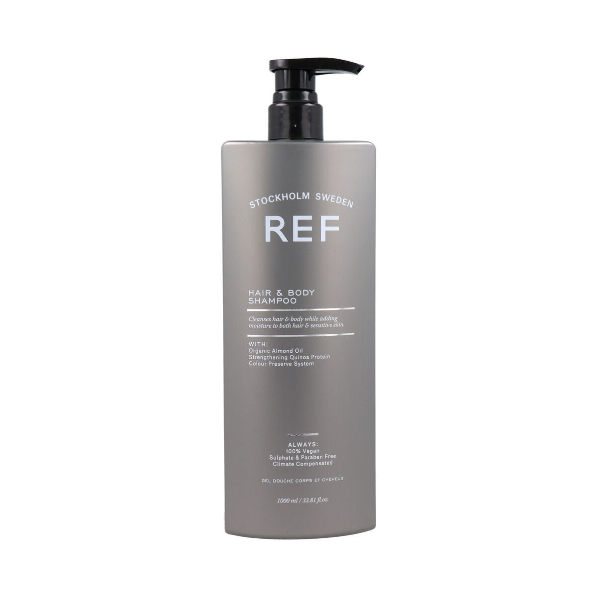 2-in-1 REF Hair & Body Shampoo, 1L bottle, vegan, cruelty-free, sulfate-free, unisex beauty product.