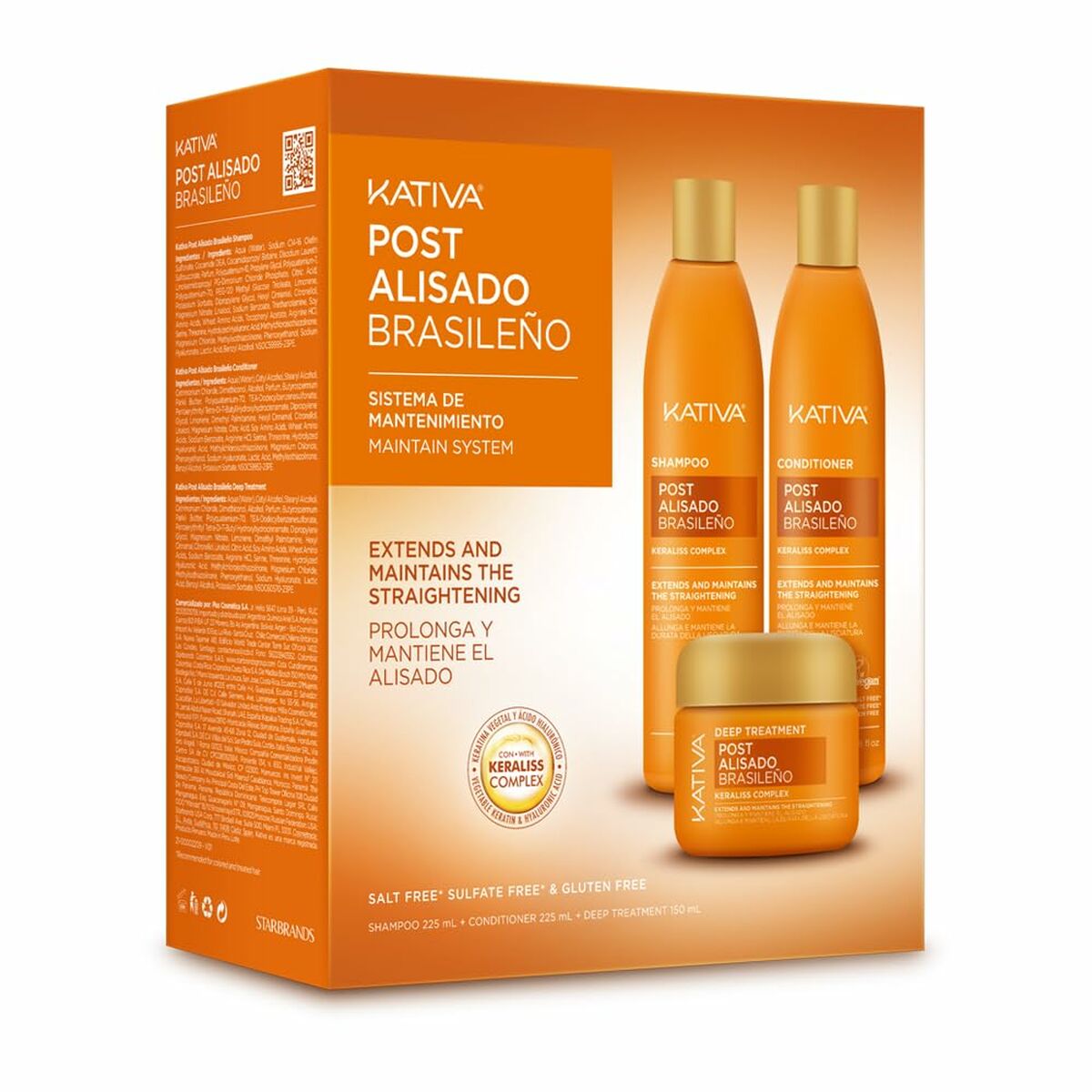 Kativa Post Alisado Brasileno maintenance system, includes shampoo, conditioner, and deep treatment for silky smooth hair.