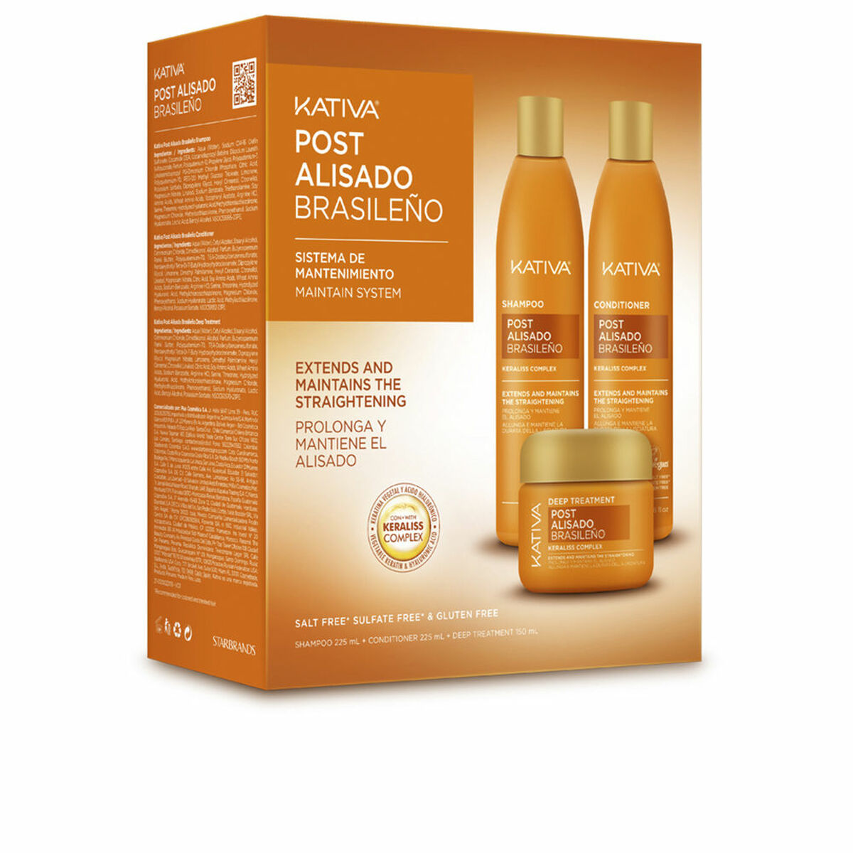 Kativa Post Alisado Brasileno maintenance system, includes shampoo and conditioner for straightening hair care.