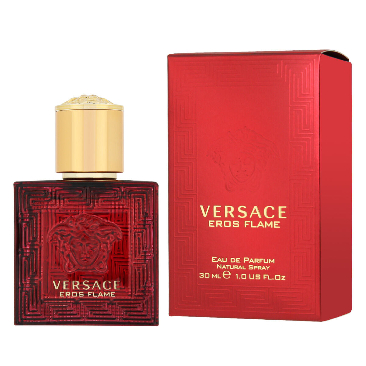 Parfum Versace Eros Flame, Eau de Parfum 30 ml, packaging and bottle design in red.