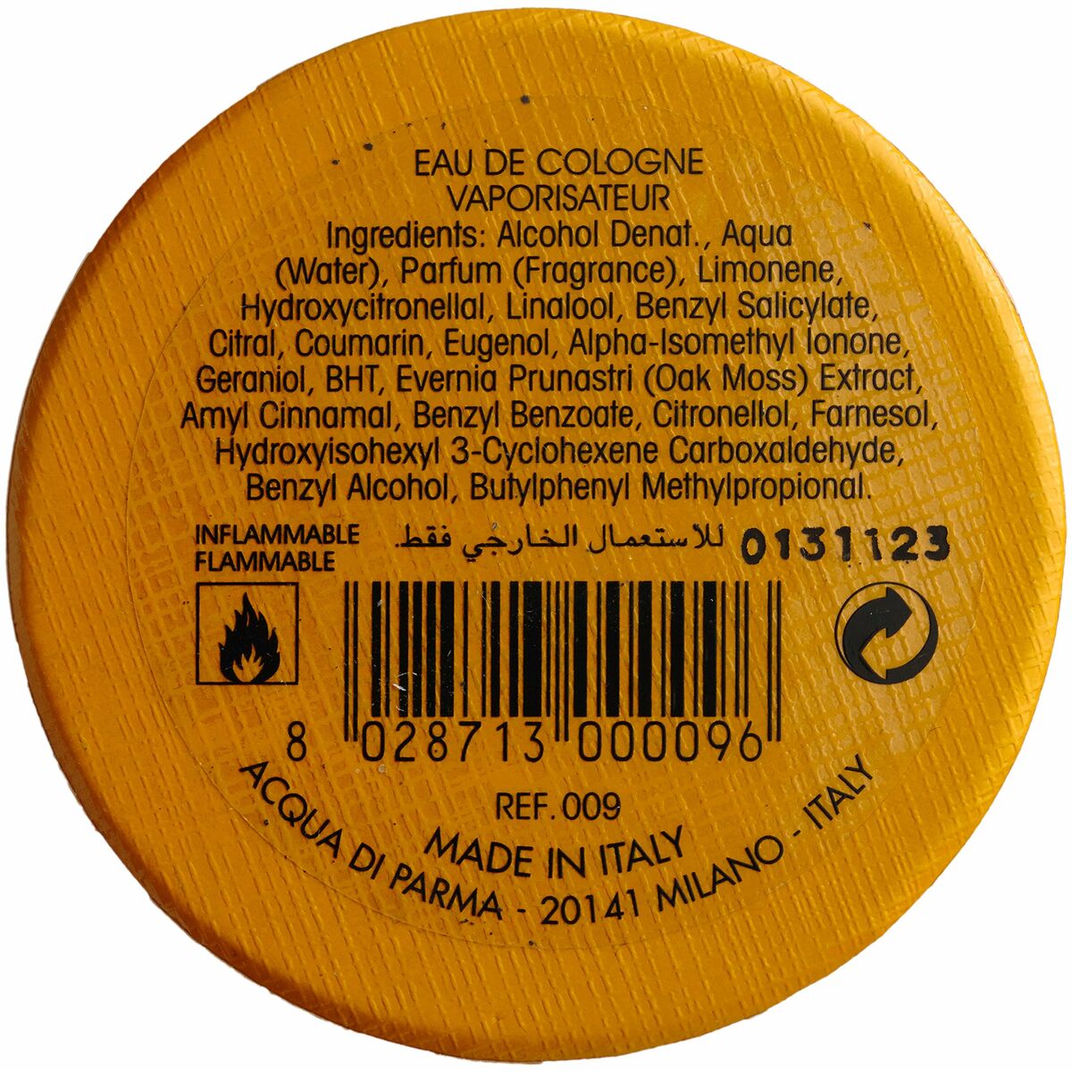 Ingredients list for Acqua Di Parma Eau de Cologne 50 ml, showcasing authentic fragrance components made in Italy.