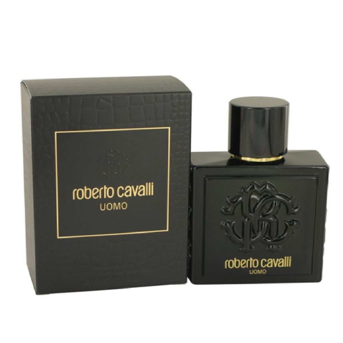 Parfum Homme Roberto Cavalli EDT in sleek black packaging, showcasing a stylish bottle design and luxury branding.