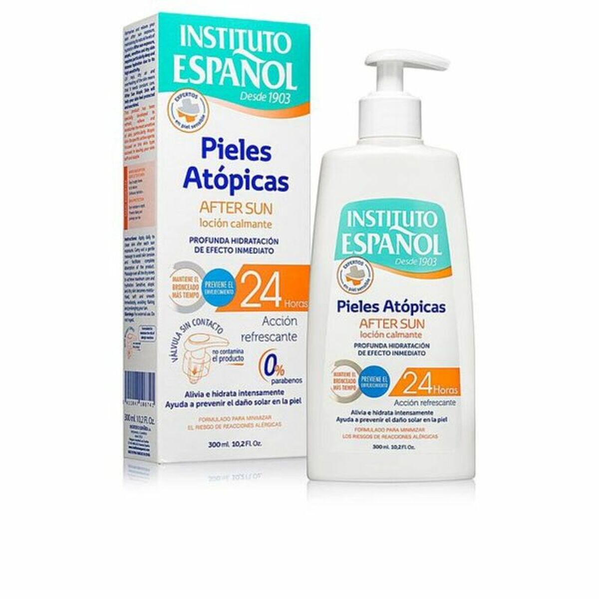 After Sun Pieles Atópicas Instituto Español (300 ml) hydrating lotion for sensitive skin, 24-hour cooling action.