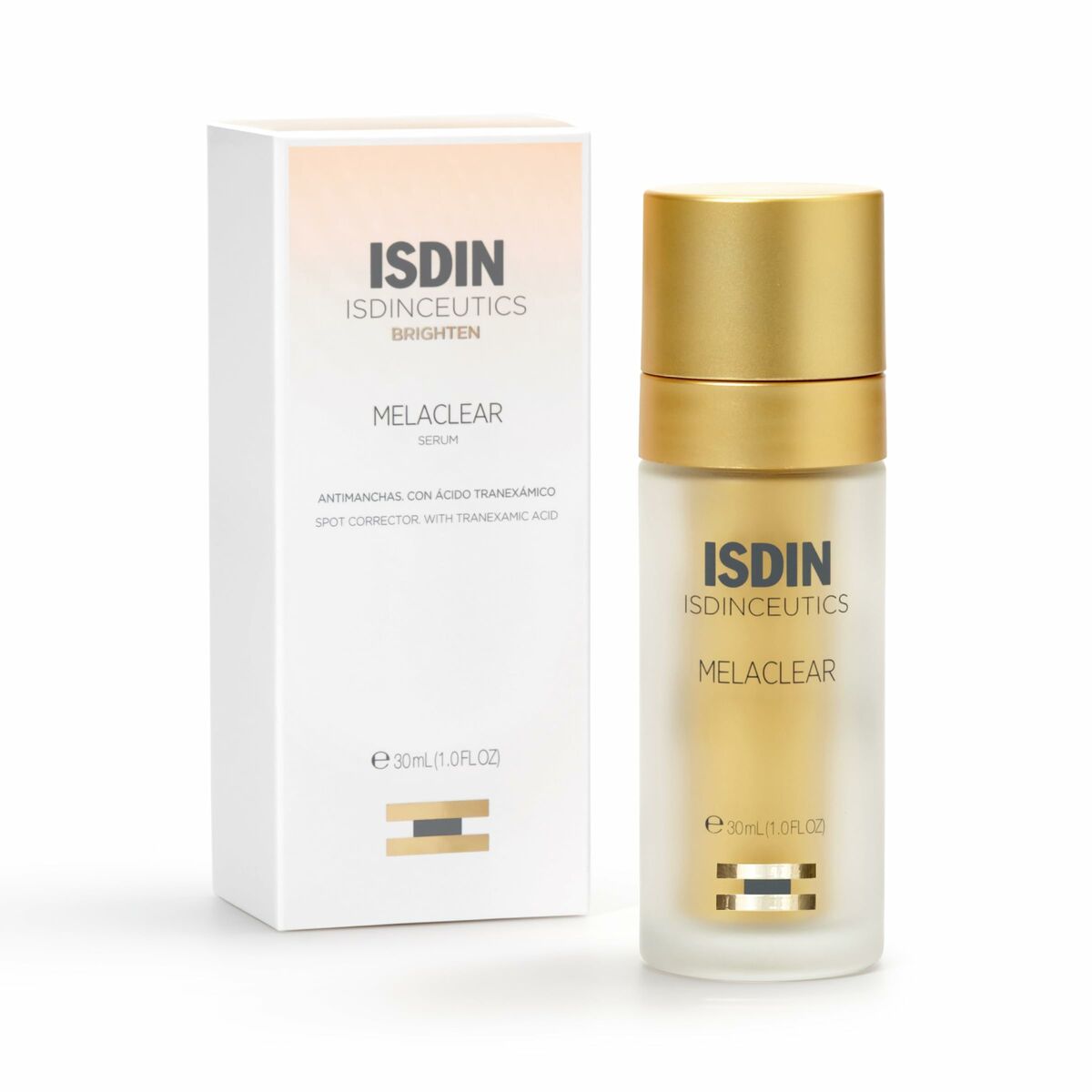 Sérum anti-taches Isdin Isdinceutics Melaclear Advanced 30 ml avec emballage, soin esthétique pour un teint lumineux.