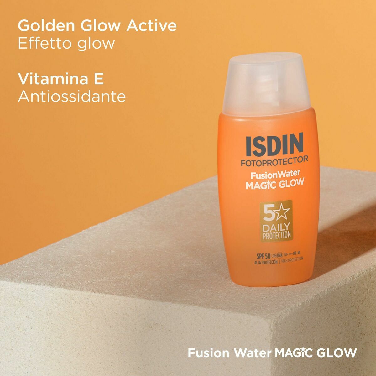 Protecteur solaire Isdin Fusion Water MAGIC GLOW avec protection SPF 50 et vitamine E pour un éclat doré.