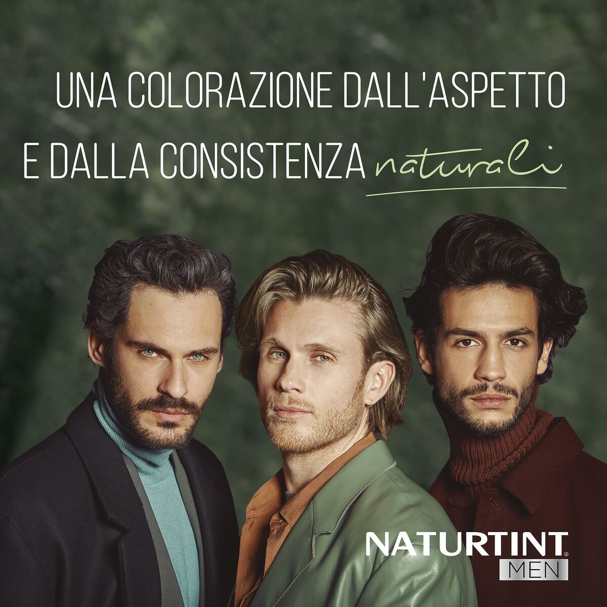 Trois hommes montrant des couleurs de cheveux naturelles avec NATURTINT MEN, teinture permanente sans ammoniaque.