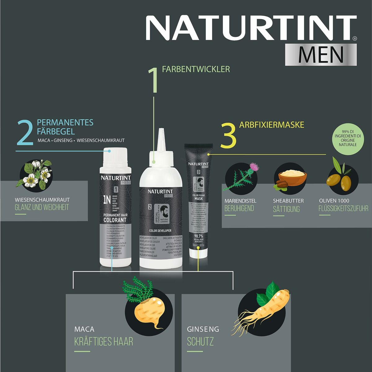 Naturtint Men permanent hair color application process with three key products: color developer, gel, and aftercare mask.