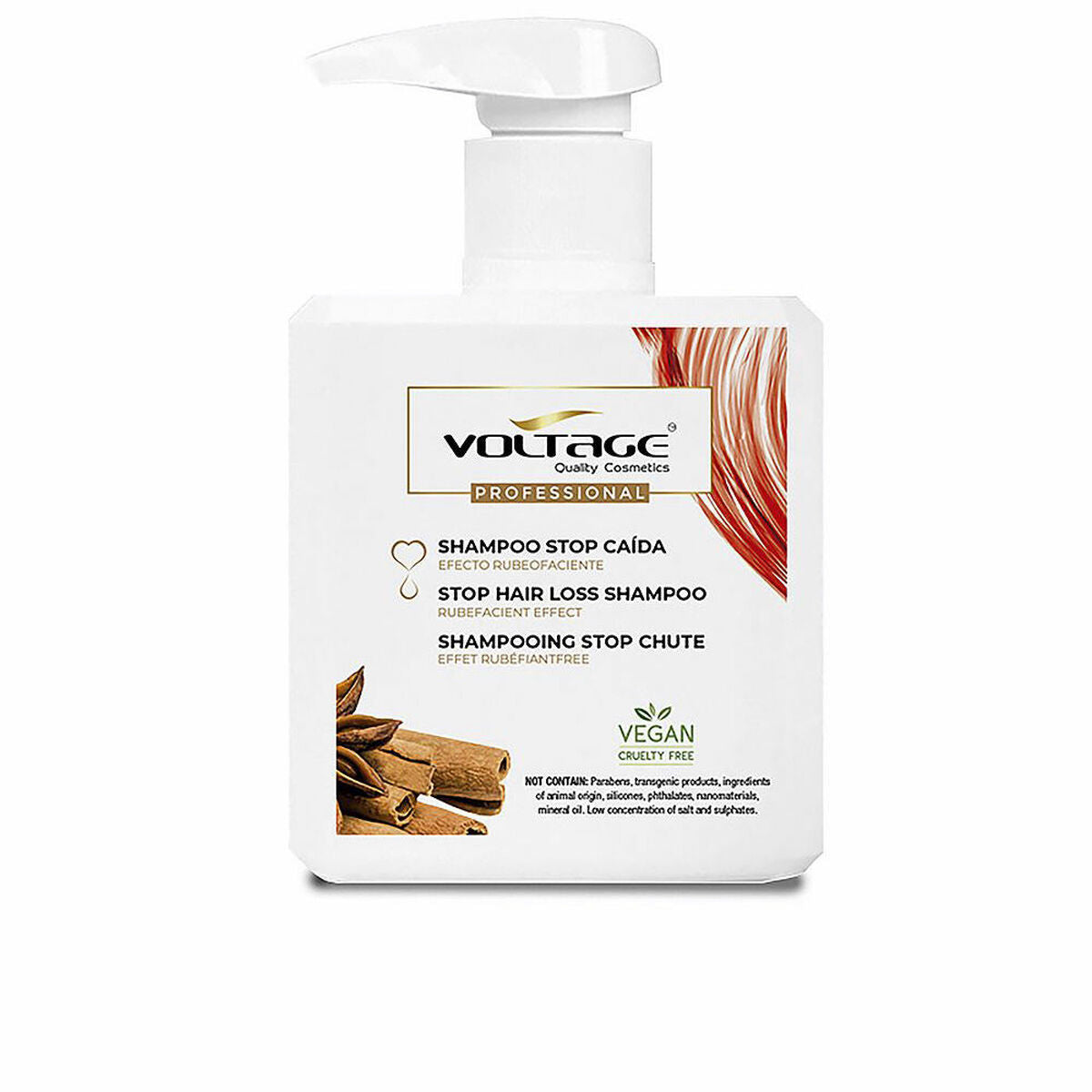 Shampooing antichute de cheveux Voltage STOP-CAIDA 500 ml, vegan, sans sulfate, pour tous types de cheveux.