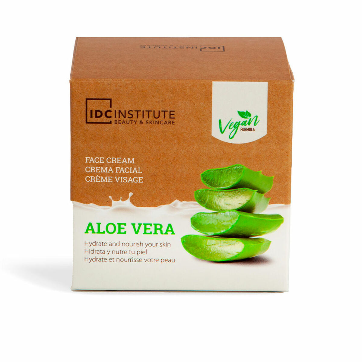 IDC Institute Aloe Vera Face Cream packaging featuring natural ingredients, 50 ml hydrating vegan skincare.