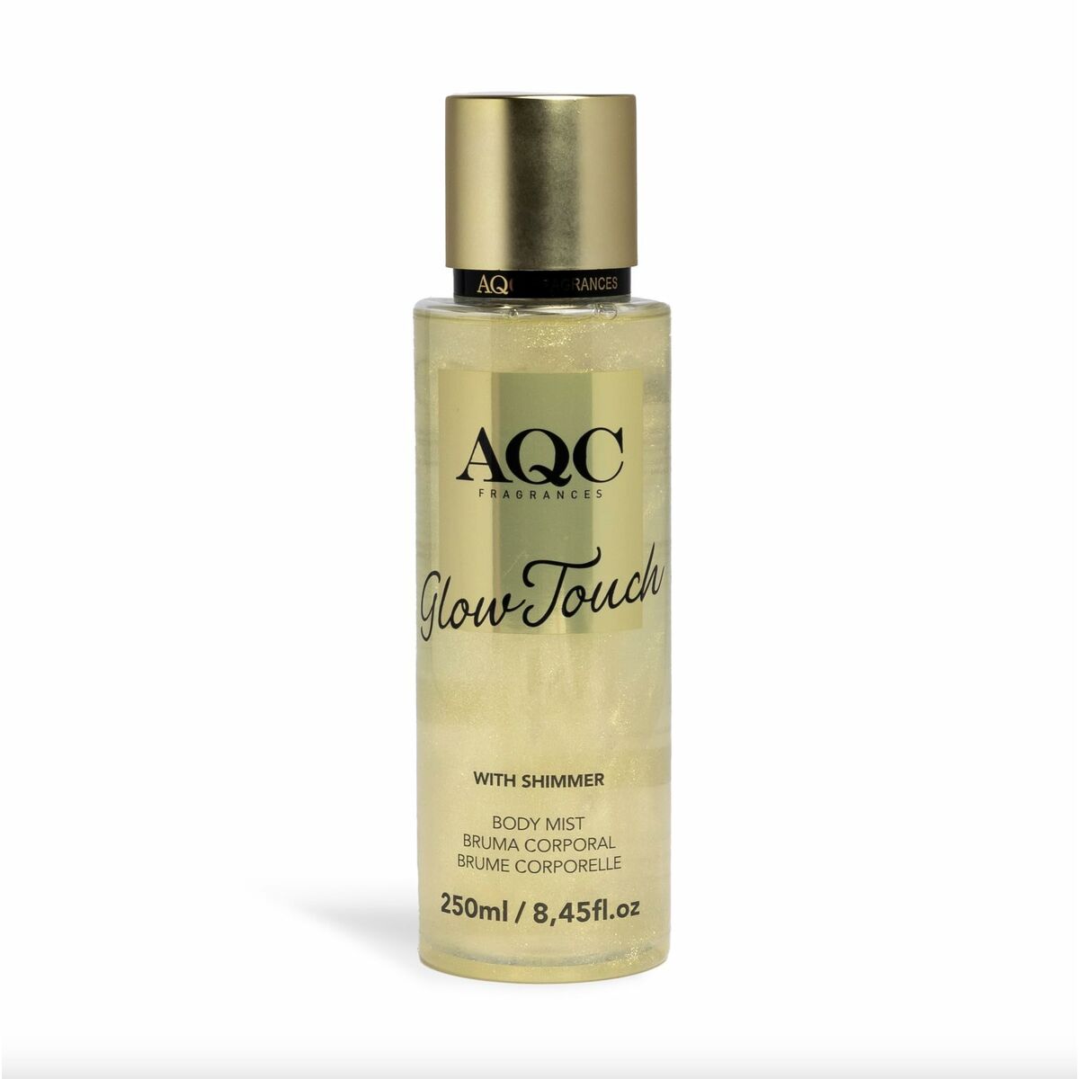 Parfum unisexe Glow Touch 250 ml avec paillettes, emballage en flacon transparent, produit de AQC Fragrances.