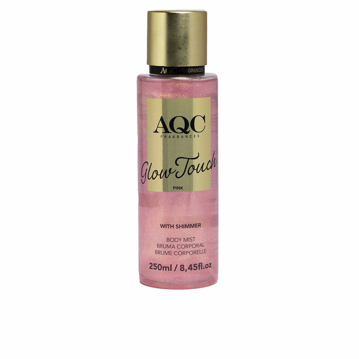 AQC Glow Touch Pink body mist with shimmer, 250ml bottle, designed for a radiant and refreshing fragrance experience.