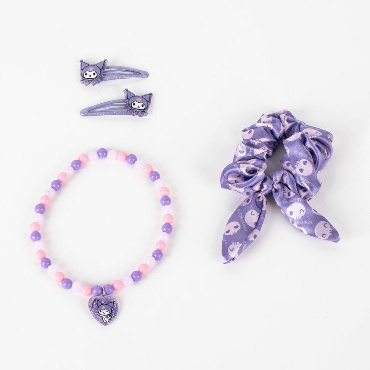 Accessoires pour cheveux Hello Kitty violet avec bracelet, pinces, et chouchou, parfaits pour tous les âges.