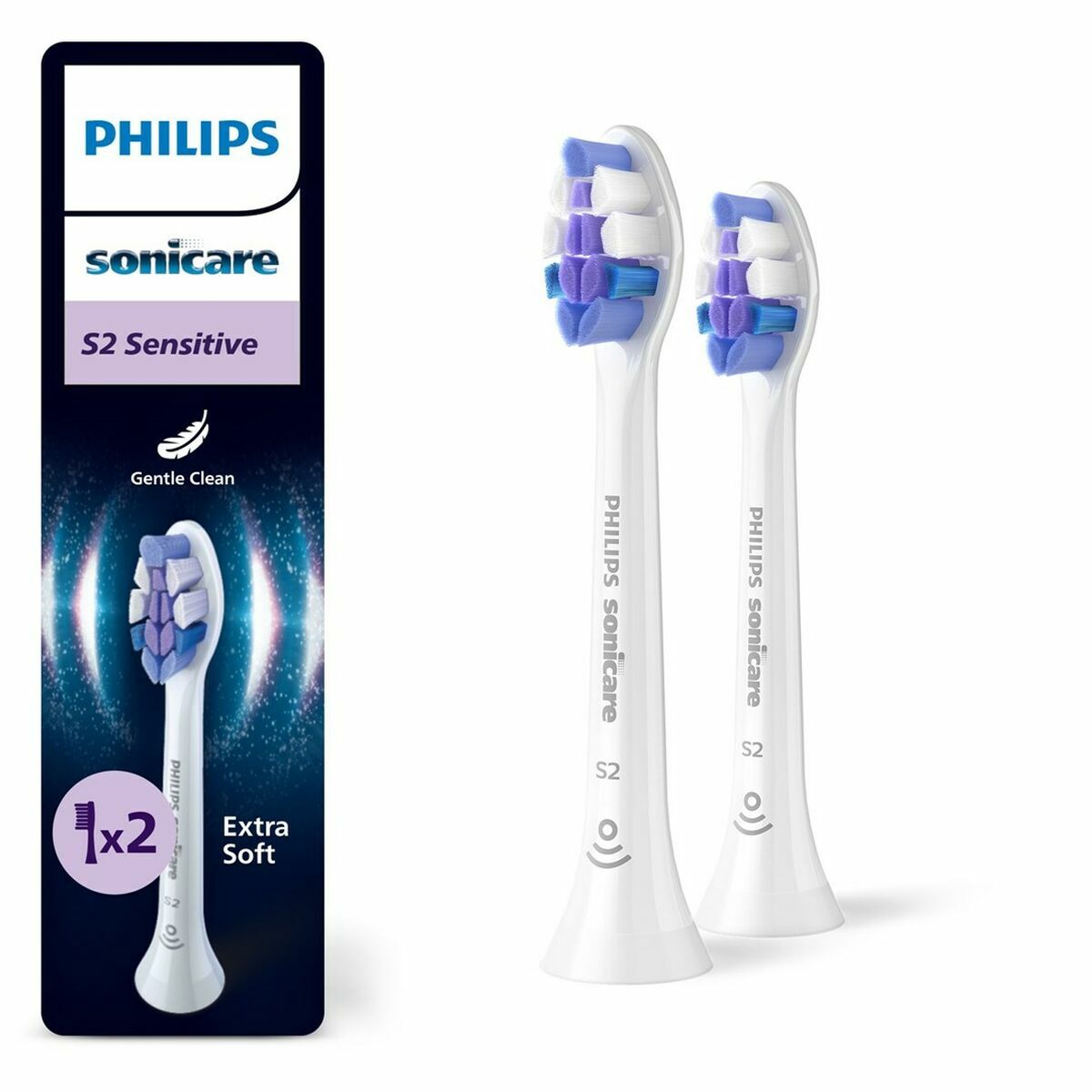 Têtes de rechange Philips HX6052/87 S2 Sensitive extra souples, 2 unités, idéale pour une hygiène buccale douce.