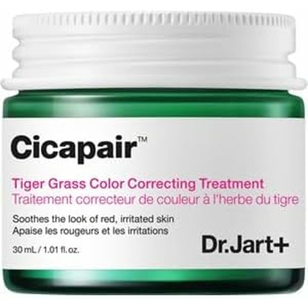 CICAPAIR DR.JART+ facial corrector in green jar, designed for sensitive skin, 30 ml, color correcting treatment.