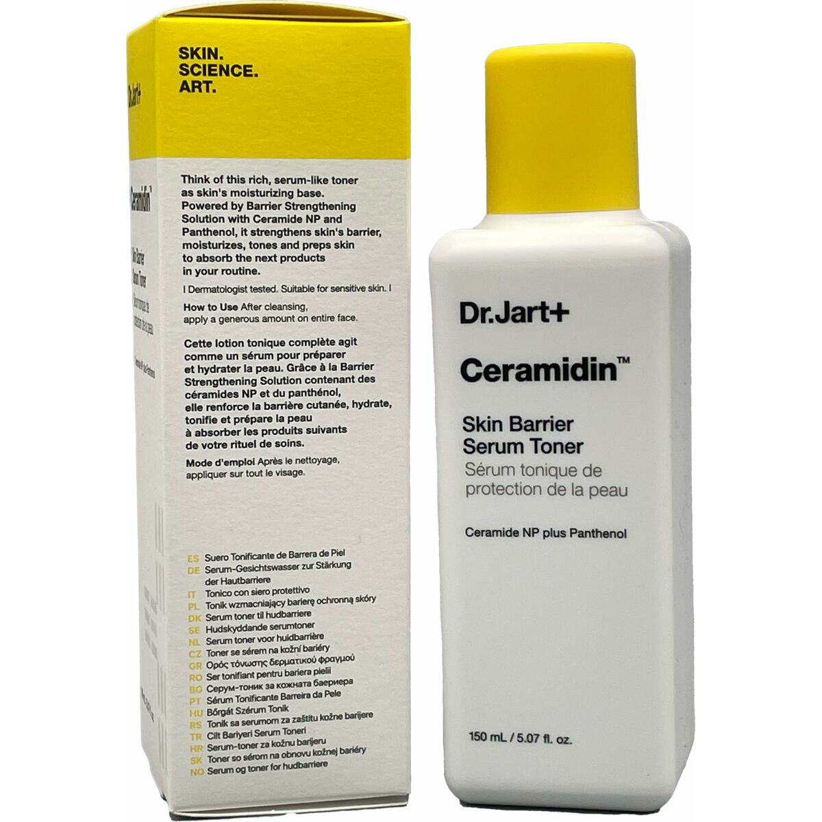 Dr.Jart+ Ceramidin Skin Barrier Serum Toner 150ml for dry skin, paraben-free with ceramide and panthenol.