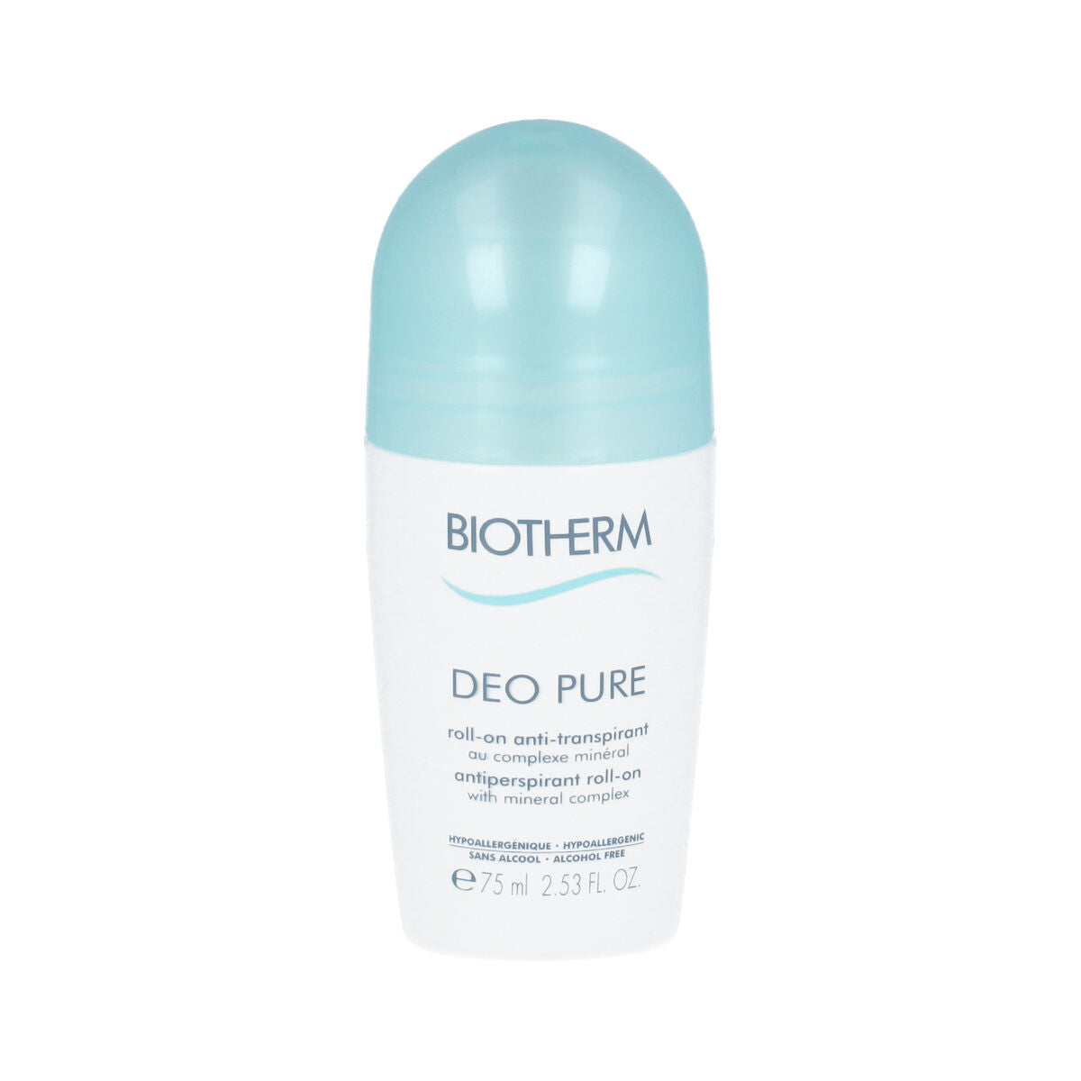 Déodorant Roll-On Biotherm Deo Pure 75 ml, hypoallergénique, sans alcool, anti-transpirant pour femmes et hommes.