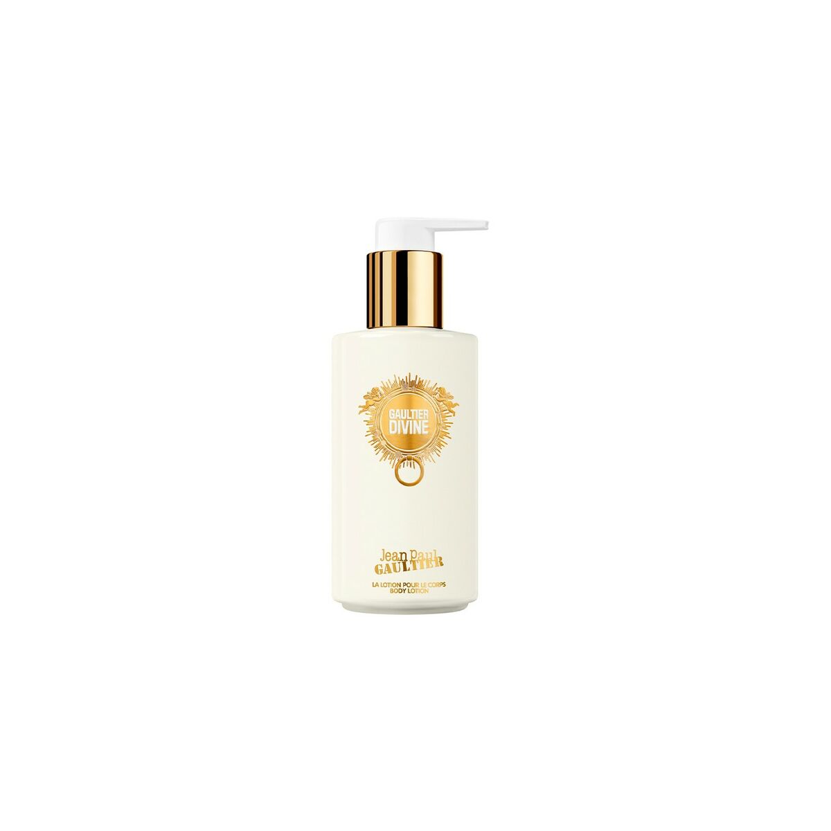 Flacon de crème hydratante Jean Paul Gaultier, emballage élégant avec pompe dorée pour une sensation divine.