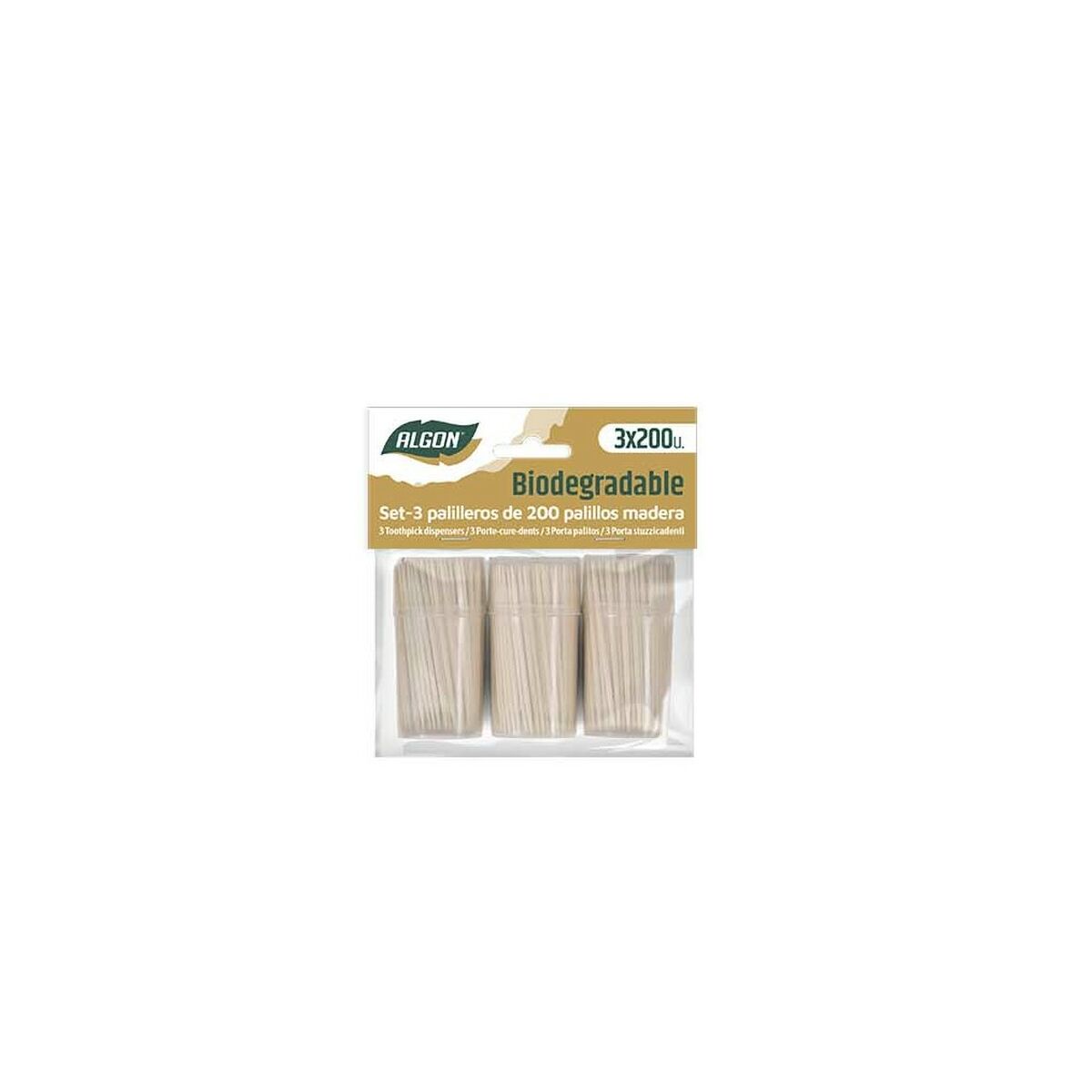 Cure-dents Algon Bois biodegradable en paquet de 200 pièces, idéal pour une hygiène buccale écoresponsable.